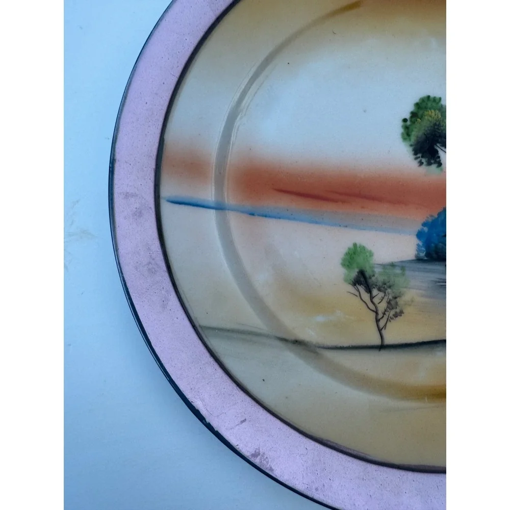 Vintage Chikaramachi Japan Hand Painted Swan Landscape Lusterware Plate 7.5